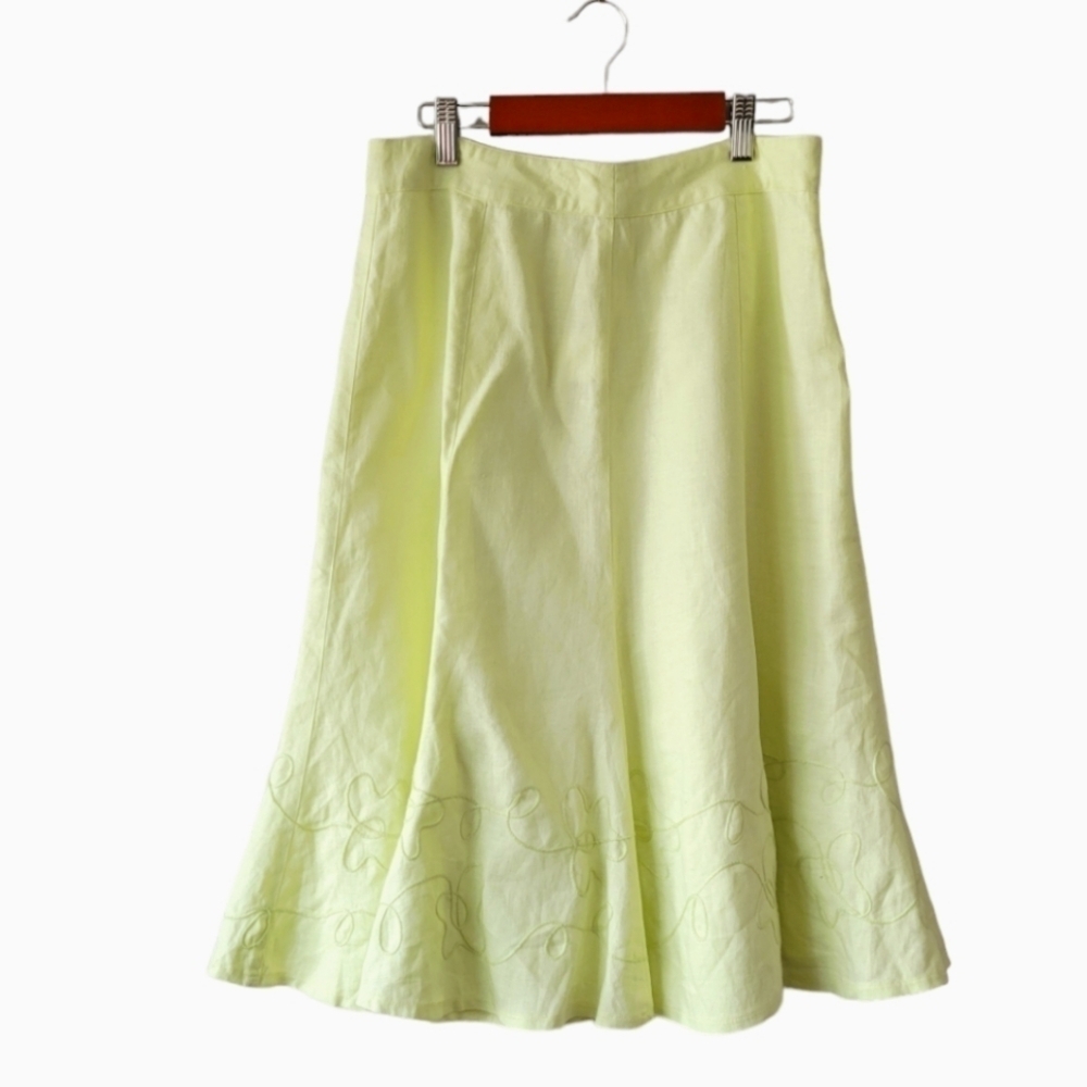 PER UNA 100% Linen Tulip Skirt Pastel Green Floral Embroidered Flare sz 10 Long